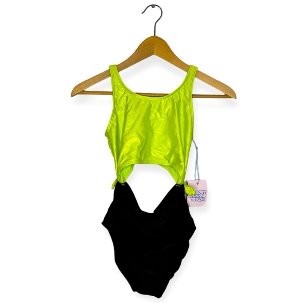 New Girl’s Swimsuit, “More Than Magic” Cutout OnePiece, Size L (10/12), Lime&Blk